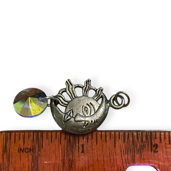 Sun Moon Face Pendant with Iridescent Crystal Drop | Celestial Boho Charm - Picture 7 of 7